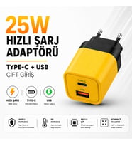 25W Hızlı Şarj Adaptörü Type-C + USB Çift Girişli Akıllı Şarj Başlığı Kompakt Tasarım