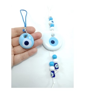 Beyaz Nazar Boncuğu ve Bebek Mavisi Nazarlık ile Dekoratif Set