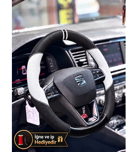Seat Leon Mk3.5 Dikme Direksiyon Kılıfı Delikli Deri Parlak Siyah Beyaz Detay Çift Yüzük ve Dikiş 2017-2020