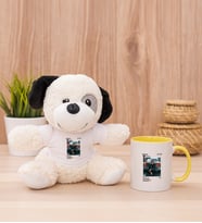 Kişiye Özel İnstagram Tasarım Fotoğraflı Peluş Köpek ve Sarı Kupa