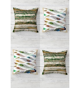 Batik Renkli Ve Tavuskuşu Tüylü Gizli Fermuarlı Kırlent Kılıfı Koltuk Yastık Kılıfı Takım(4adet) (Yeşil)