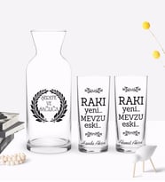 BK Gift Kişiye Özel Renkli Baskılı Rakı Yeni Mevzu Eski Tasarımlı İkili Rakı Bardağı ve Karaf Hediye Seti-1 (Model 1)