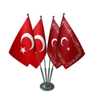 Masa Üstü Ayetli Osmanlı Devleti Sancağı Türk Bayrağı Dörtlü Krom Direk Masa Bayrak Seti