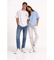 Sevgili Kombini Ateş Su Minimal Çift Tişört Oversize Unisex Partner Kombin Seti (Mavi)