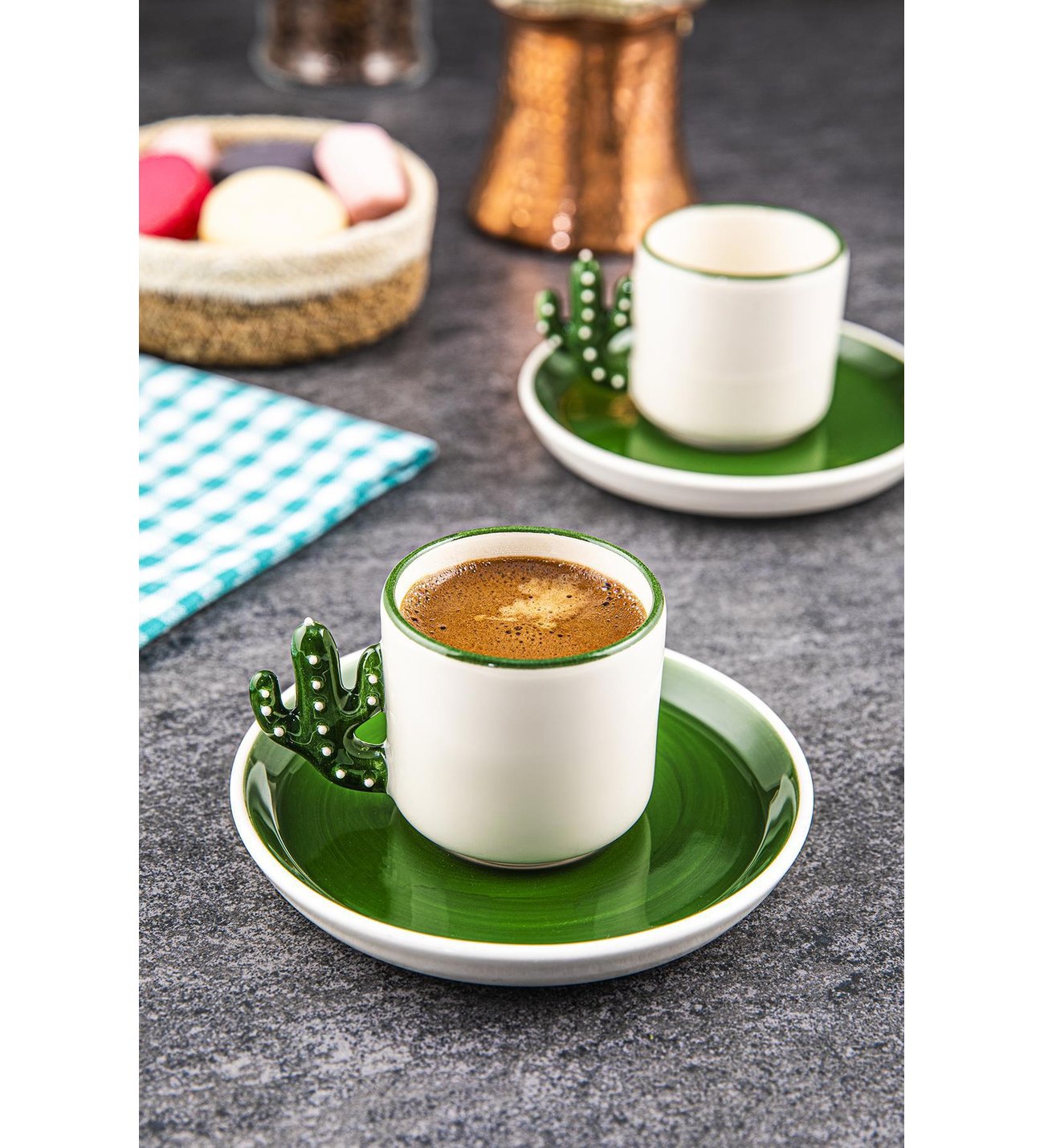Kakts 2 Adet El Yapm 110 Ml Trk Kahvesi Fincan Yeil Tabak, Espresso,  Hediyelik Fincan