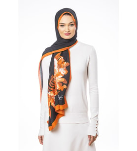 Çiçekli Desen Modal Seri Şal Eşarp Askısı ile Birlikte 75x200 cm Siyah Turuncu-7