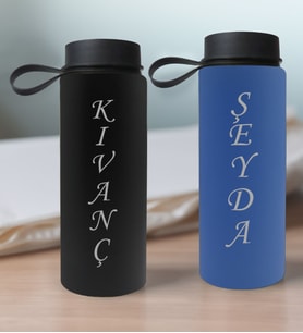 BK Gift Kişiye Özel İsimli 2’li Siyah ve Mavi Cam Matara 500ml, Sevgiliye Hediye, İsimli Cam Matara, Sevgililer Günü
