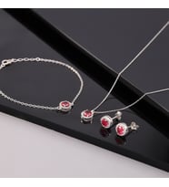 925 Ayar Gümüş Kırmızı Taşlı Yuvarlak Set