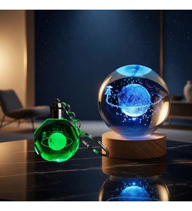 Işıklı Satürnlü Kız Cam Küre - Renk Değiştiren Gece Lambası - Kristal Anahtarlık Seti
