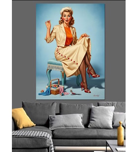 Pufta Oturan Retro Hanımefendi Ve Dikiş Kutusu Dekoratif Kanvas - Mdf Ahşap Tablo