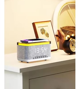 Jedel Masa Saati - Gece Lambası - Çalar Saat - Bluetooth Hoparlör Kablosuz Şarj Etme Özellikli