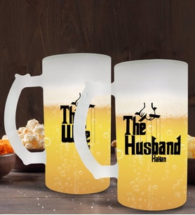 BK Gift Kişiye Özel The Husband and The Wife Tasarımlı 2’li Buzlu Cam Bira Bardağı 50cl-1 (Beyaz)