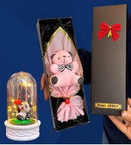 Size Özel İsimli Kutuda Pembe Peluş Ayıcık ve Led Işıklı Biblolu Fanus (Model 8)