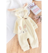 Tavşan Figürlü Kapüşonlu Welsoft Peluş Kışlık Kız Bebek Tulum (Krem)