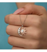 Hk Gümüş Kadın Kolye Opal Beyaz Taşlı Ay Güneş Gümüş Takı Hediyelik Ürünler