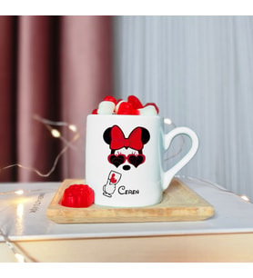 Minnie Mouse Tasarımlı Ahşap Tabaklı Kişiye Özel Türk Kahvesi Fincanı