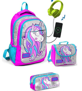 Coral High Kız Çocuk Pembe Unicorn 3'lü Çanta Takımı - USB Soketli