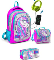Coral High Kız Çocuk Pembe Unicorn 3'lü Çanta Takımı - USB Soketli