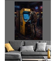 Arcade Oyun Makinesinde Oynayan Genç Dekoratif Kanvas - Mdf Ahşap Tablo