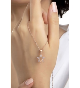 Kadın Orjinal 925 Ayar Gümüş Zirkon Taşlı Yıldız Model Kolye (Rose)