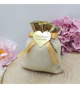 Hayaller Dükkanı 30 Adet Natural Renk Üstü Altın Renk Lavanta Kesesi Nikah Şekeri