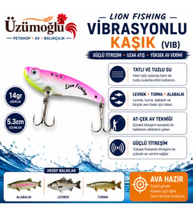ÜZÜMOĞLU Lion Fishing 14gr 5.3cm Vibrasyonlu Kaşık (VIB) Rapala – Tatlı ve Tuzlu Su, Levrek Turna Alabalık Balık Yem Pembe Beyaz Fosforlu