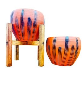 Bitki Tasarımı Siyah Çizgi Desenli Terrakota Toprak Saksı Saksılık Salon Çiçeklik İkili Set Ayaksız - 4 Ayaklı- 15 Cm