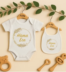 Pia Baby Premium %100 Pamuk İsme Özel Organik Baskılı Çıtçıtlı Bebek Body Ve Önlük 5064-20 (Ekru)
