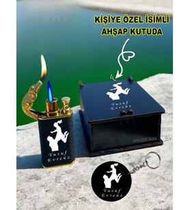 Kişiye Özel İsimli Timsah Başlıklı Çift Ateşli Çakmak ve Anahtarlık Özel Ahşap Kutusunda