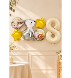 8 Yaş Gümüş Tavşan Folyo Balonlu 5li Set ve Rakam Balon Safari Tema Balon Seti Set41