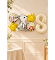 8 Yaş Gümüş Tavşan Folyo Balonlu 5li Set ve Rakam Balon Safari Tema Balon Seti Set41