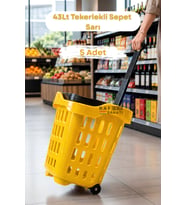 5 Adet - 43 LT Tekerlekli Market Sepeti Plastik Alışveriş Sepeti Ergonomik Çift Saplı Sarı