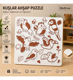 Sevimli Kuşlar Eğitici Ahşap Puzzle – 20x20 cm Beyaz MDF Çocuk Gelişim Oyuncakları