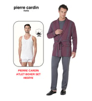 Pierre Cardin Premium Erkek 3'lü %100 Pamuklu Uzun Kollu Pijama Takım Çizgili Robdöşambırlı Damat Çeyiz Seti Atlet Boxer Hediyeli