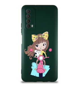 Huawei Y7A Soft Premier Kapak Vespagirl Tasarımlı Silikon Kılıf - Yeşil (Şeffaf)