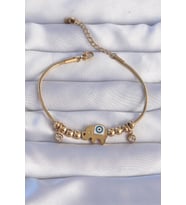 316L Çelik Gold Renk Zirkon Taşlı Nazarlı Fil Tasarımlı Bileklik - TJ-BB6202