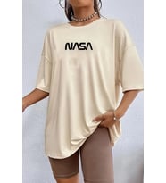 Unisex Nasa Baskılı T-shirt (Bej)