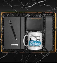 Babalar Gününe Özel Kişiye Özel Defter & Metal Kalem & Siyah Kravat & Özel Tasarım Kupa & Cüzdan Hediye Seti