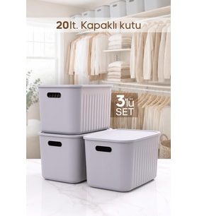 3 Adet Gri Dolap Düzenleyici 20 Lt Kapaklı Saklama Kutusu Sepet Oyuncak Kutusu Organizer