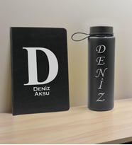 BK Gift Kişiye Özel İsimli Siyah Defter ve Cam Matara Hediye Seti-5, Sevgiliye Hediye, Arkadaşa Hediye, Yeni İş Hediyesi