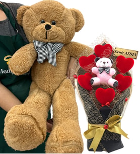 Büyük Boy Peluş 80cm Ayıcık ve İsimli Kırmızı Kalpli Pembe Ayıcık Buketi (Kahverengi)