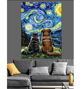 Van Gogh Yıldızlı Gece Soyut Kedi Ve Köpek Dekoratif Kanvas - Mdf Ahşap Tablo