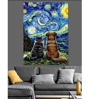 Van Gogh Yıldızlı Gece Soyut Kedi Ve Köpek Dekoratif Kanvas - Mdf Ahşap Tablo