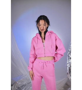 Kadın Pembe Kapüşonlu Uzun Kol Fermuarlı Crop Mixed Sweat