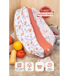 Luckka Dijital Baskılı 3'lü Müslin Örtü Seti - 75x75 cm (Turuncu)