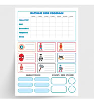 Kahraman figürlü isimlik, ders programı, kalem ve eşya sticker seti, mavi 10 sayfa