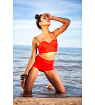 Kırmızı Yüksek Bel Bikini Alt Üst Takım