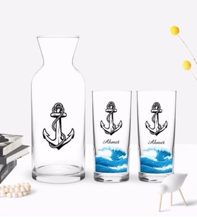 BK Gift Kişiye Özel Renkli Baskılı Çapa Tasarımlı İkili Rakı Bardağı ve Karaf Hediye Seti-2 (Model 1)