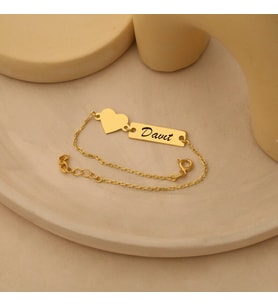 Kişiye Özel Kalp Detaylı Plaka İsim Bileklik 925K Gümüş (Gold)
