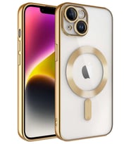 iPhone 14 Kılıf Magsafe Köşeleri Renkli Lüx Şeffaf Kamera Lens Korumalı (Gold)